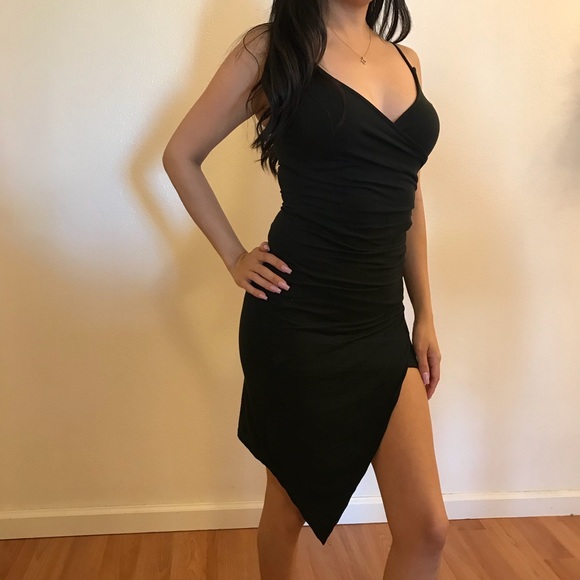 •RESTOCKED• Plunging Asymmetrical Hem Mini Dress - Picture 3 of 7